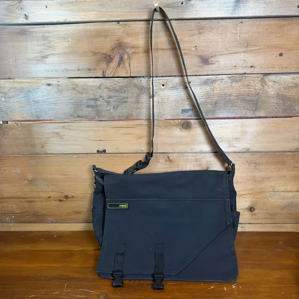 Mend Black Canvas Messenger Bag with Red Printed Interior Lining
